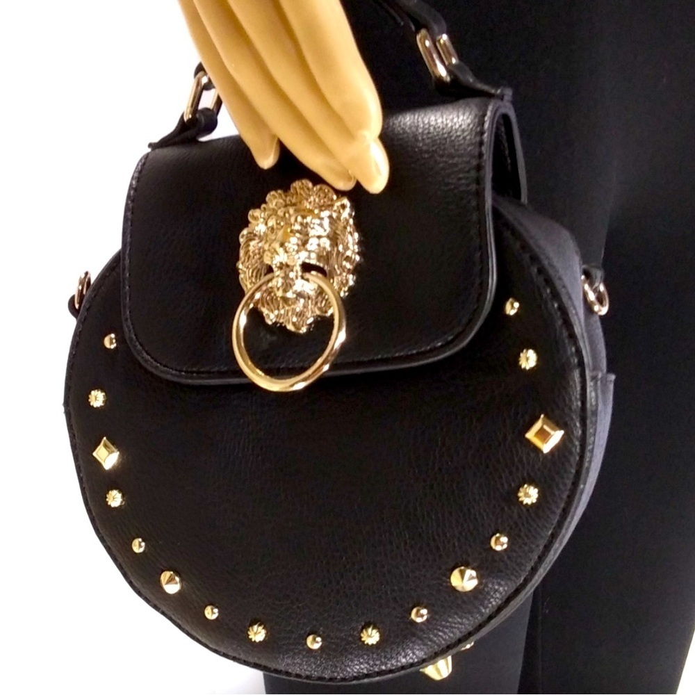 CARLOS SANTANA Lion’s Head Doorknocker Black & Gold Round Faux Leather Bag RARE!